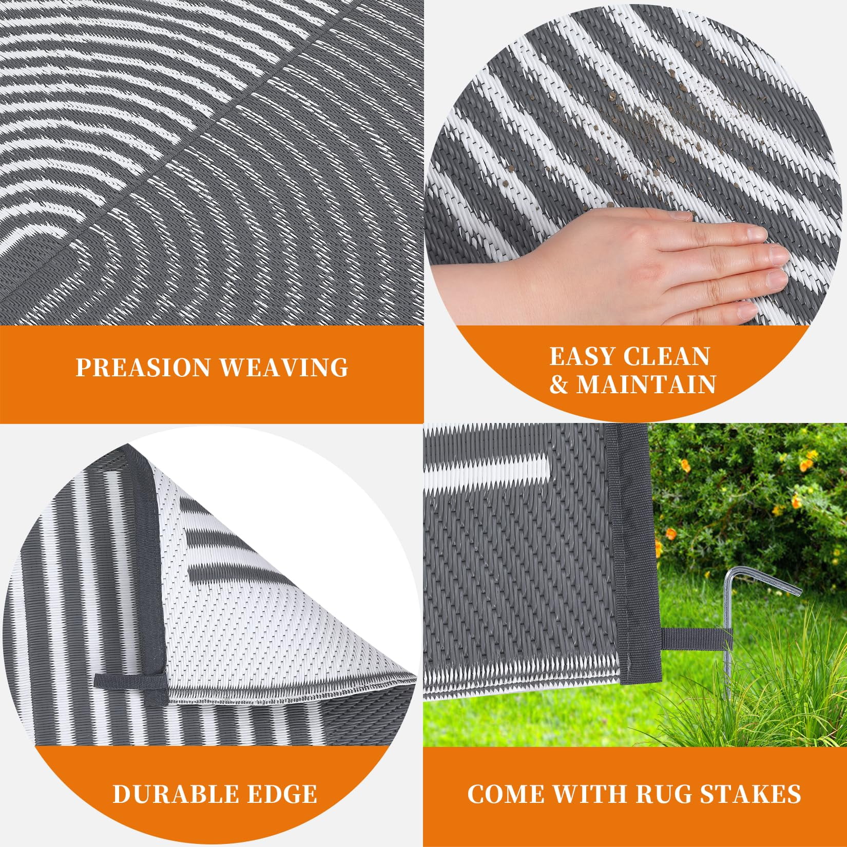 Kicctian Outdoor Rug 8x10 Ft Patio Waterproof, Outdoor Patio Rug Plastic Straw Outdoor Carpet, Large Modern Area Rug Carpet for Camping Poolside RV, Easy to Clean, Grey & White