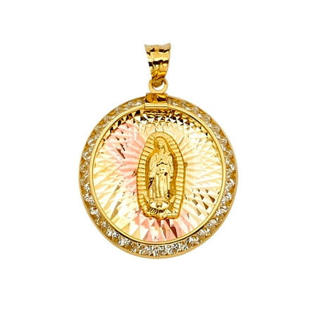 Ioka - 14K Tri Color Gold CZ Guadalupe Medal Religious Charm Pendant For Necklace or Chain