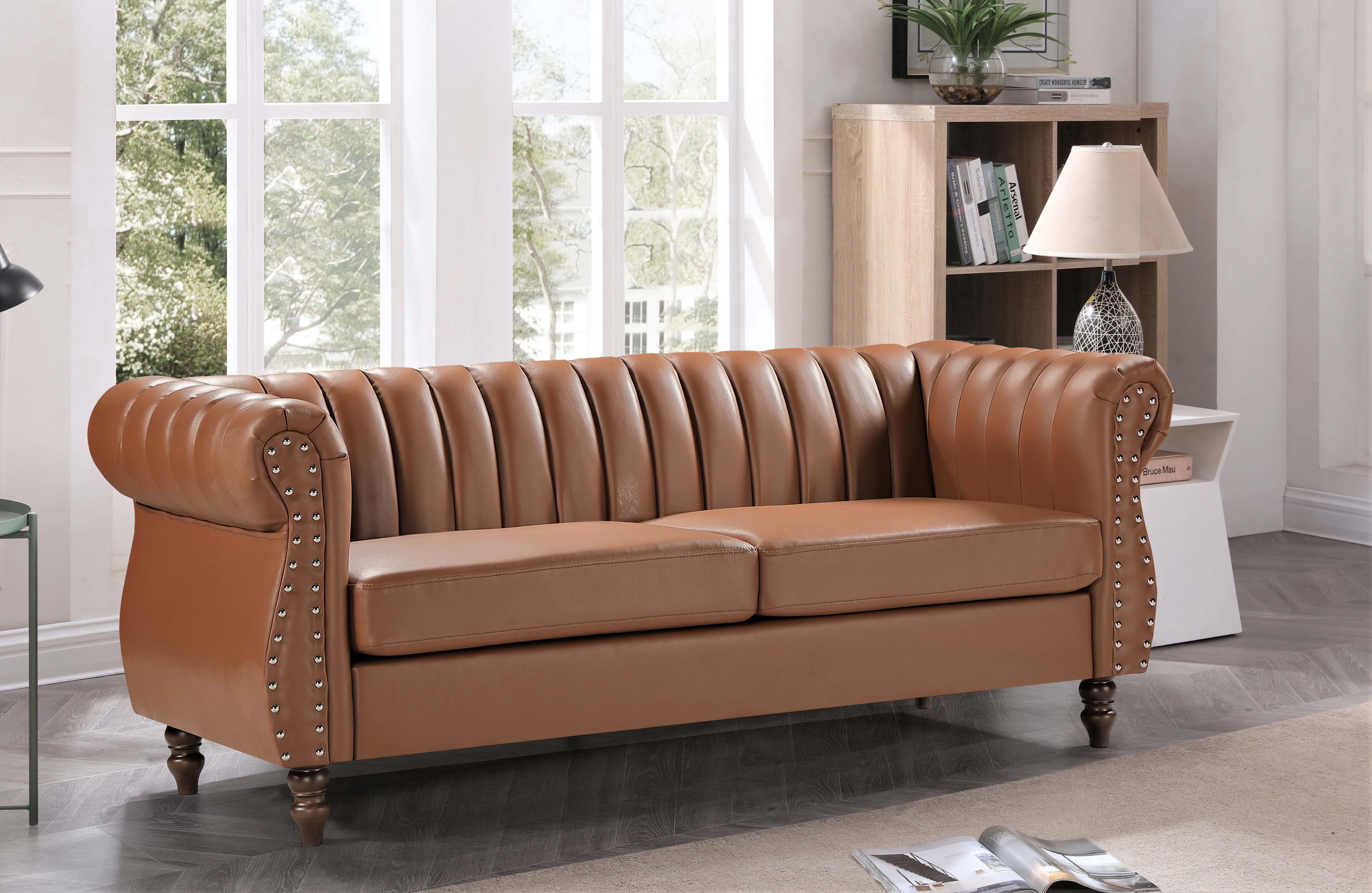Uspridefurniture Charlot Faux Leather Rolled Arm Sofa -Brown