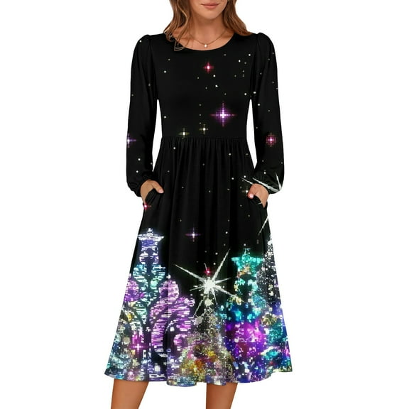 Women's Christmas Printed Fashionable Loose Round-Neck Dress for Casual Comfort and Holiday Festivities with Vintage Print,Purple,S