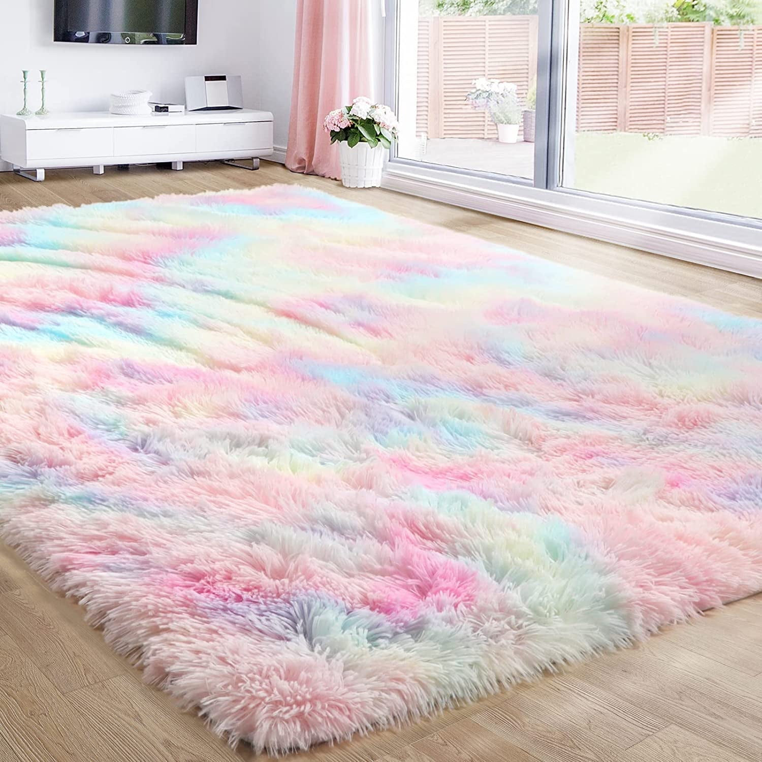 Softlife Soft Rainbow Area Rugs Fluffy Colorful Rugs Cute Floor Carpets Shaggy Playing Mat for Bedroom Home Decor,3'x5',Rainbow