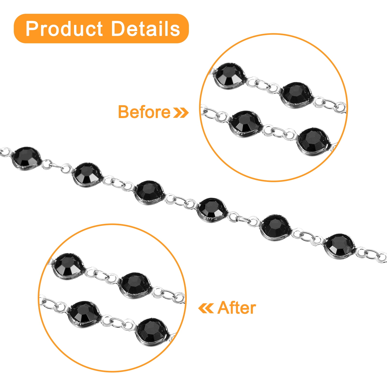 5Pack 5 Yards Rhinestone Chain, Black Beaded Chain with Silver Plated Brass