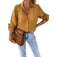 thumbnail image 4 of DYMADE Women Roll Tab Sleeve Solid Color Button Lapel Blouse, 4 of 4