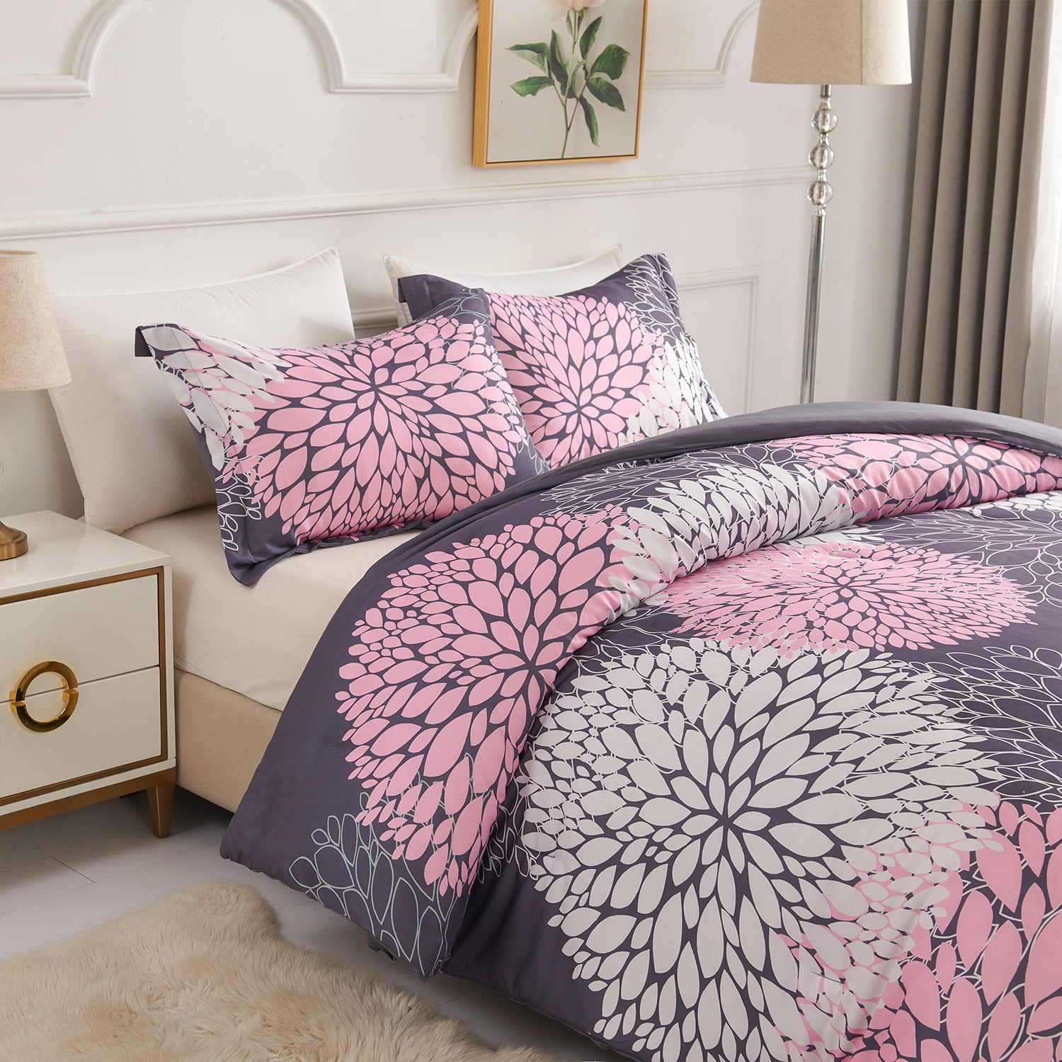 Koniroom Pink and Grey Floral Comforter Set, Botanical Bedding Sets Queen Size with Cute Flowers Printing for Women Teen Girls All Season 3 Pieces Comforters with 2 Pillow Shams (90x90 Inches)