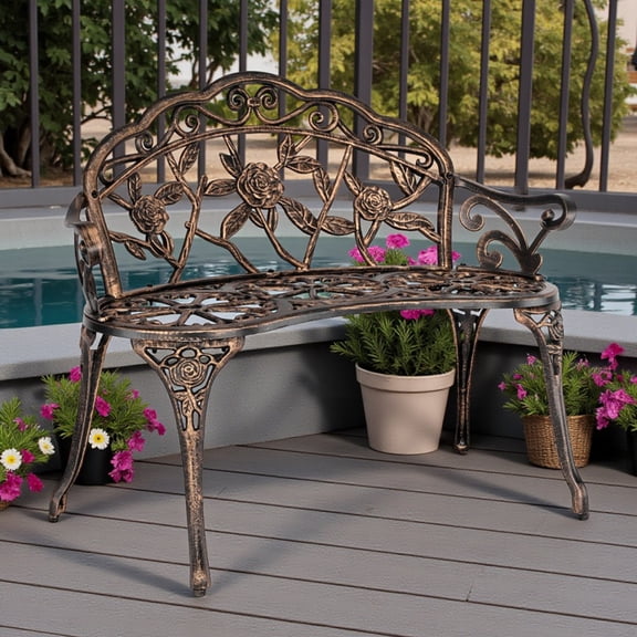 Tcbosik 38.5" Vintage Garden Bench, Decorative Rose Pattern Cast Aluminum Seat, Weather-Resistant Outdoor Bench for Patio/Lawn/Balcony/Porch, Bronze