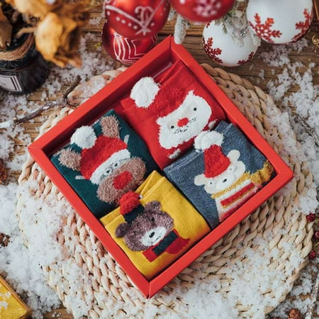 

D-GROEE 4 Pairs Christmas Stockings Women - Colorful Christmas Elements Warm Cotton Crew Socks Cozy Soft for Winter Indoor