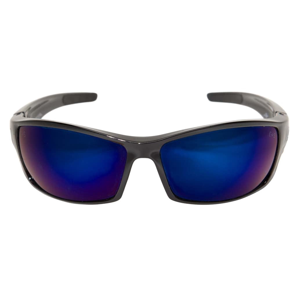 Edge Eyewear SR118 Reclus Wrap-Around Safety Glasses, Anti-Scratch, Non-Slip, UV 400, Military Grade, ANSI/ISEA & MCEPS Compliant, 5.04" Wide, Black Frame/Blue Mirror Lens, One Size