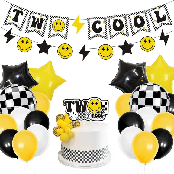 Two Cool Dude Birthday Party Decorations, KKS1 Two Cool Second Birthday Banner Balloon Cake Topper for Two Year Old Happy Dude Yellow Black Lightening Checkered Party Decor