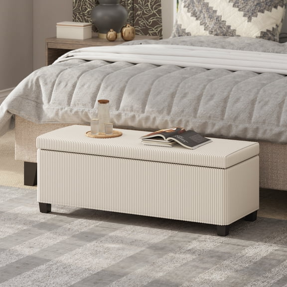 HOMCOM 44 Inches Storage Ottoman Bench, Corduroy End of Bed Foot Rest with Lid, Legs, Storage Chest for Living Room, Bedroom, Entryway, Beige