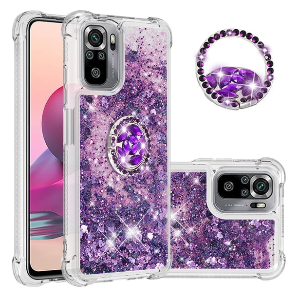 Funda para Xiaomi Redmi Note 10S 4G/Note 10 4G con Brillo Líquido Flotante, Purpurina, Parachoques y Anillo Giratorio Soporte