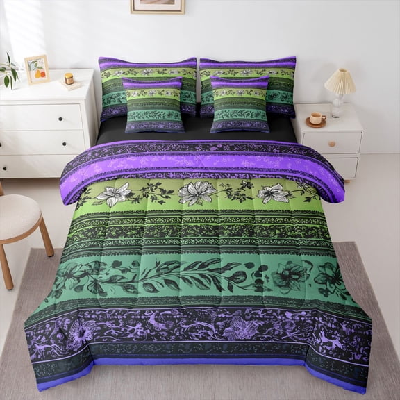 Homewish Bohemian Geometric Stripes 7-Piece Twin Bedding,Retro Floral Bedding Comforter Set,Purple,Black Reversible