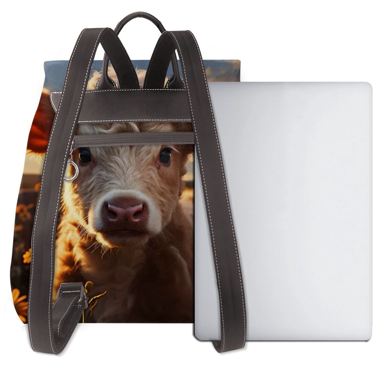Xecao Sunset Sunflower Small Cow Print Large Backpack Soft Leather for Women Travel with Compartment, Adjustable Convertible Strap