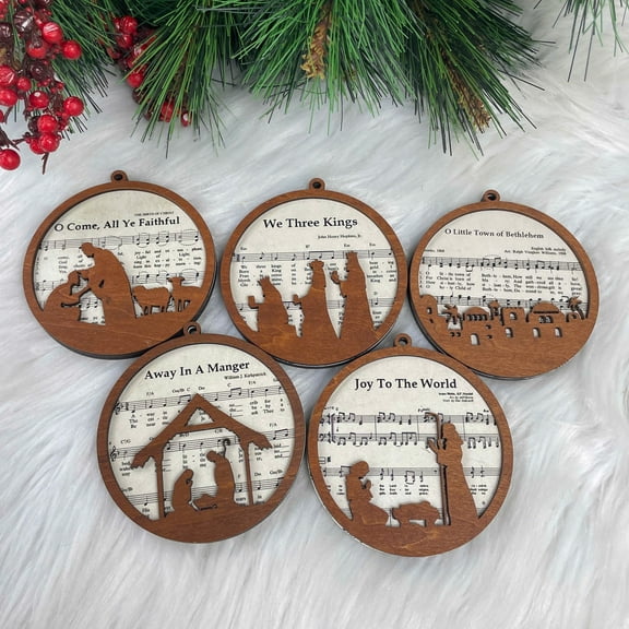 2-Layer Wooden Christmas Hymn Ornaments Set, Nativity Scene Holiday Decorations with Carved Wood and Music Sheet Design, Religious Tree Hanging Décor, Christian Gift for Home and Family