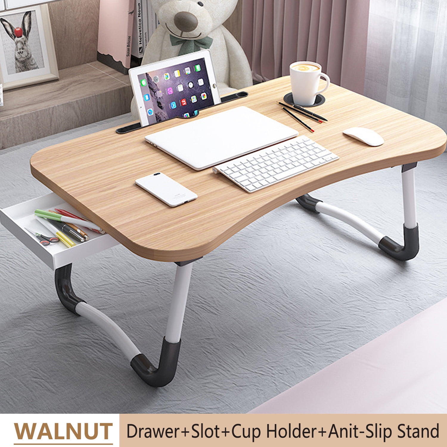 PHANCIR Foldable Lap Desk, 23.6 Inch Portable Wood Laptop Desk Table Workspace Organizer Bed Tray with iPad Slots, Cup Holder and Drawer, Anit-Slip for Working Reading Writing, Eating, Watching-Walnut