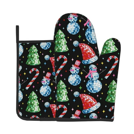 

Xecao Disco Mirror Ball Snowman Pattern Oven Mitts and Pot Holders Sets Heat Resistant Silicone Oven Mittens Extra Thicken Long Kitchen Cotton Oven Glove for Cooking