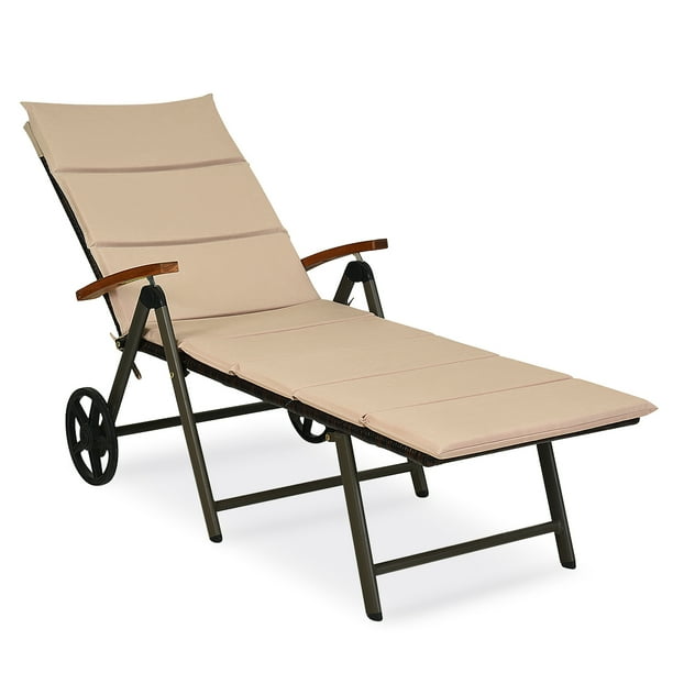 Giantex Folding Outdoor Rattan Chaise Lounge Chair Cushioned Recliner with Wheels - Walmart.com 