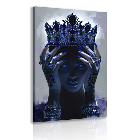African American wall art, canvas print of a woman in blues portrait, image of an African queen with a crown, elegant woman painting, girl poster, bedroom decorative frame.