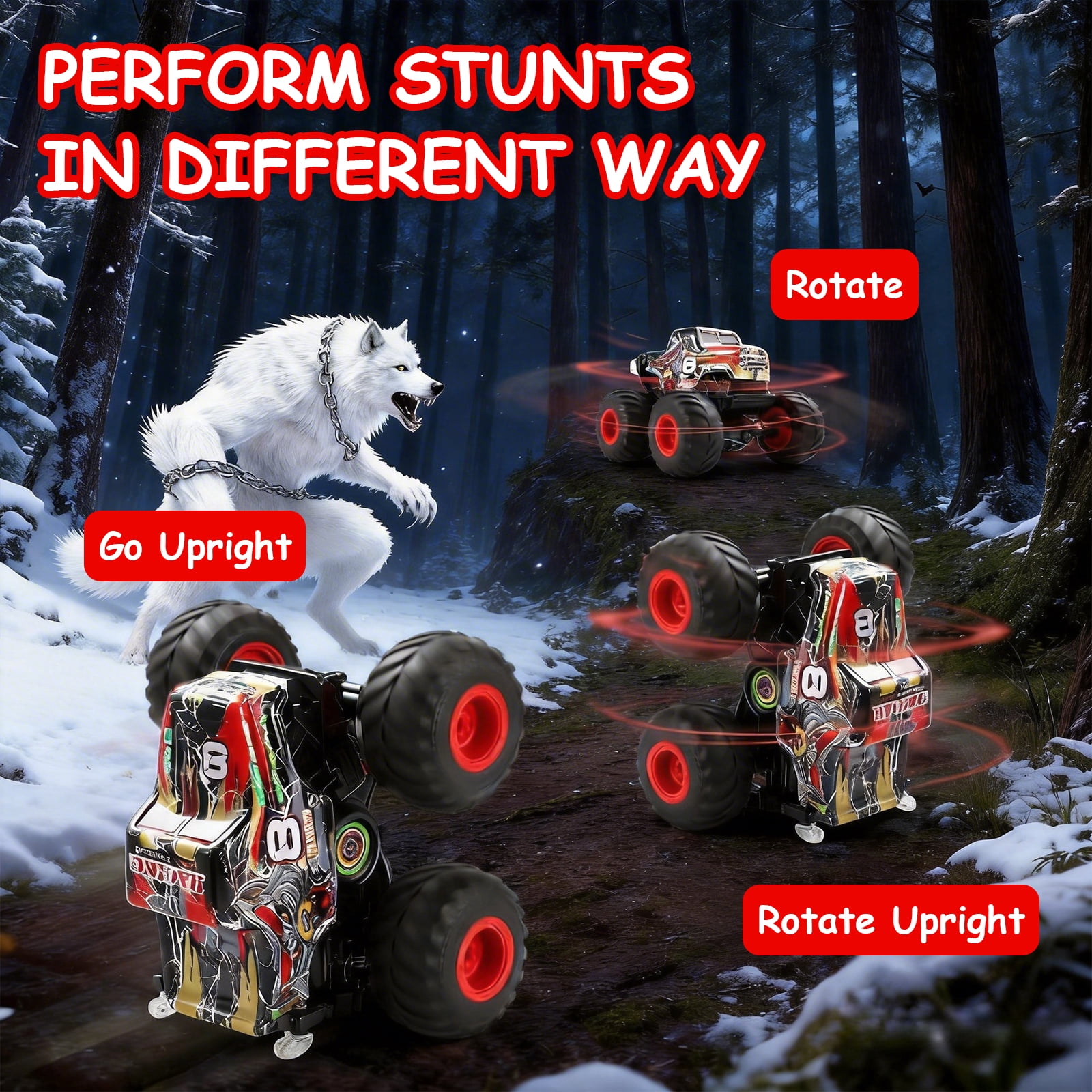 VKFVKF RC Monster Trucks, Remote Control Car with Light & Sound, 360° Rotating RC Stunt Car for Boys