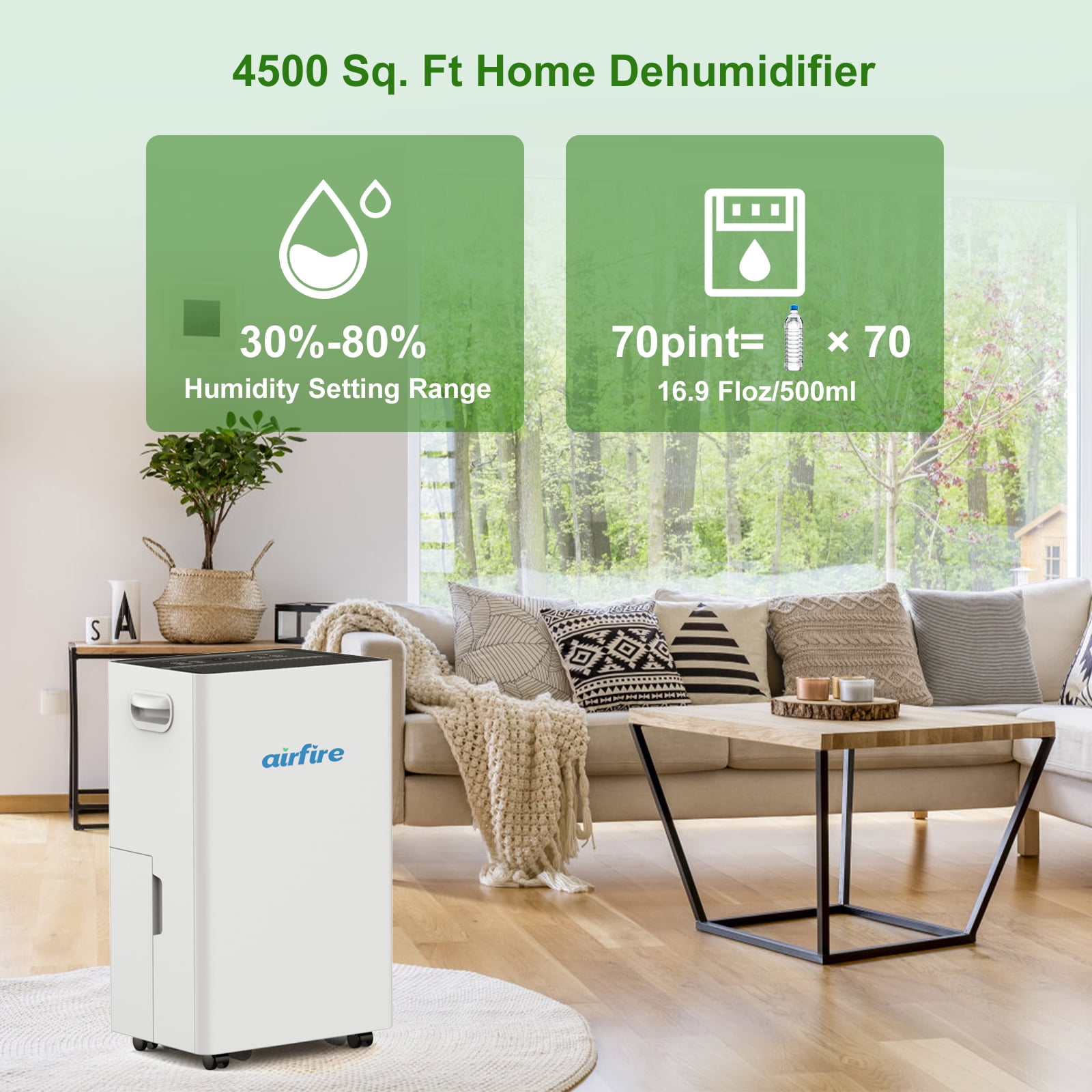 Airfire 4500 Sq. ft Max 70 Pints Dehumidifier for Basement, Dehumidifiers with Drain Hose for Home Bedroom Bathroom Large Room, Auto Defrost& Drain, 24H Timer, 1.59 gal Water Tank, Dry Clothes
