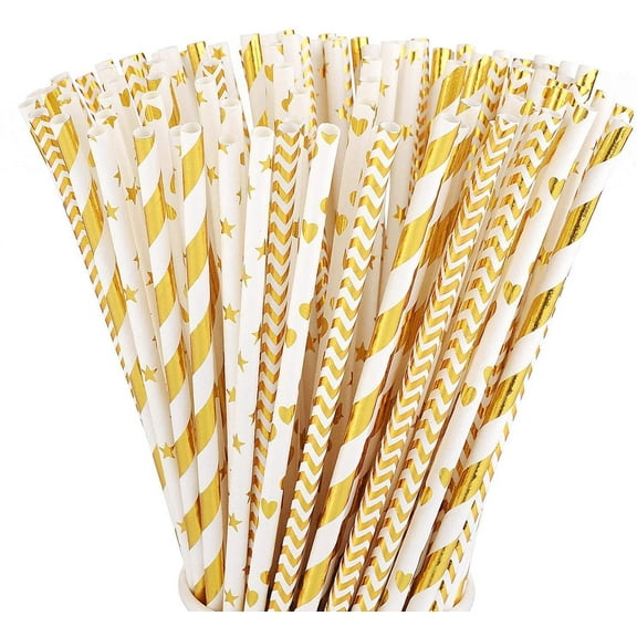 Biodegradable Gold Paper Straws Bulk, Pack of 100 Metallic Foil Striped/Wave/Heart/Star Straws for Birthday, Wedding, Bridal/Baby Shower, Celebrations and Party Supplies