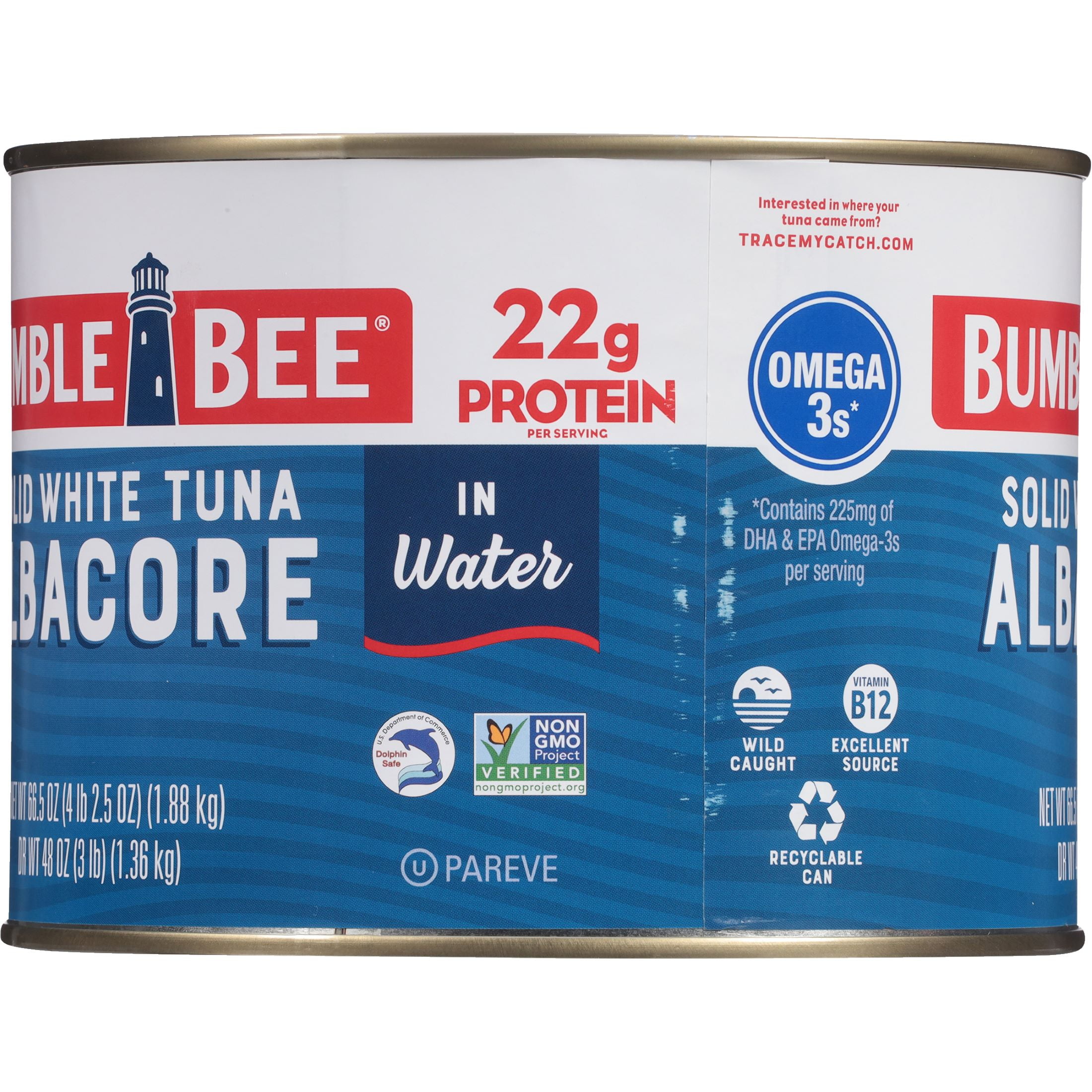 Bumble Bee Solid White Albacore Tuna in Water, Wild Caught, Gluten Free, 22g Protein per Serving, Shelf Stable Can, 66.5 oz