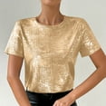 thumbnail image 5 of Womens Short Sleeve Dressy Tops Summer Trendy Casual Shiny Velvet T Shirt Crew Neck Casual Tunic Tees (XL, Gold), 5 of 8