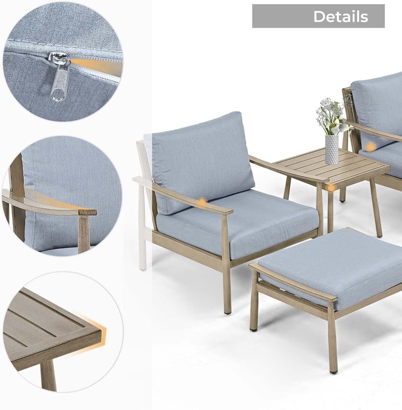 5-Piece Aluminum Patio Conversation Set, Patio Furniture Set with Rope Back Armchairs & Ottomans with 4" Cushions