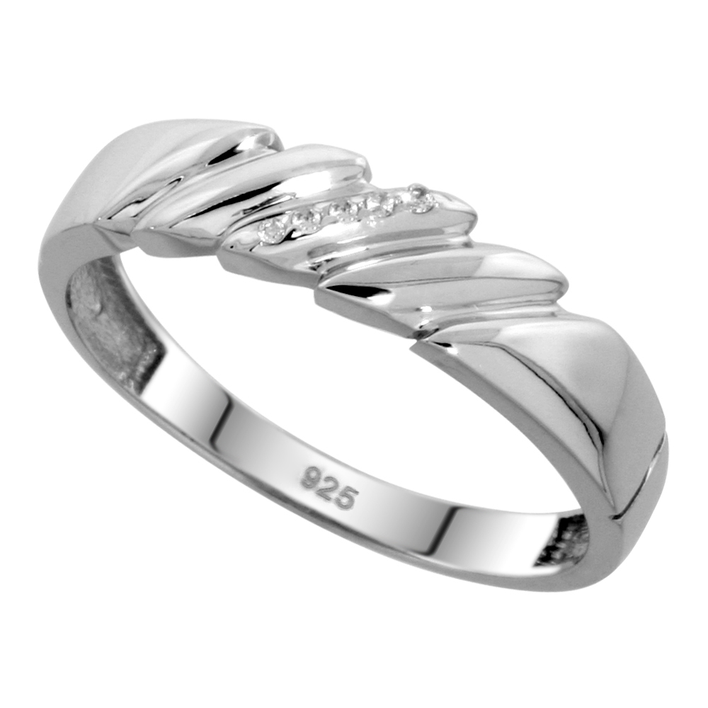 Sterling Silver Men's Diamond Wedding Band Rhodium finish, 3/16