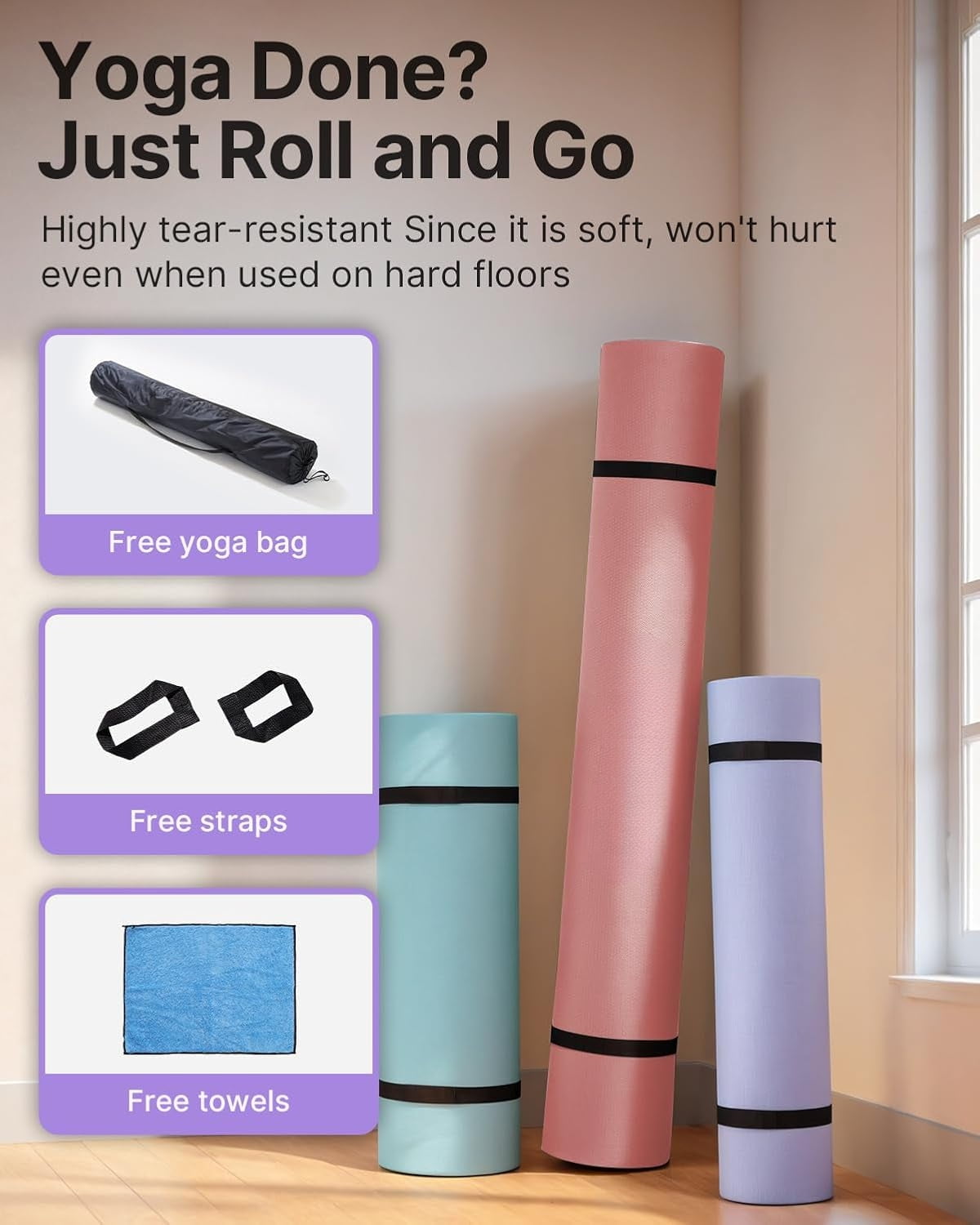 Large Yoga Mat (75 * 52 * 1/2inch),Extra Wide TPE Exercise Mat,Non-Slip Workout Mat for Pilates, Fitness, Barefoot, Home Gym Studio with Strap and Towel