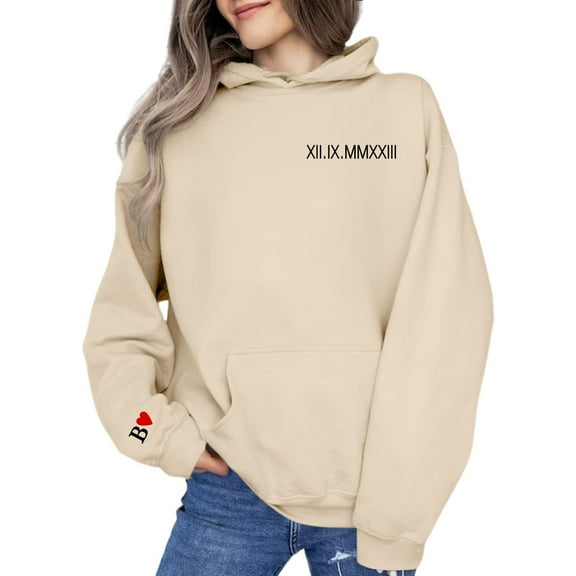 Holzkary Hoodies for Women Oversized Sweatshirts Initial On Sleeve Anniversary Year Hoodie Valentines Day Fall Fashion Outfits 2025 Casual Sweaters Tops Workout Winter Clothes Beige L