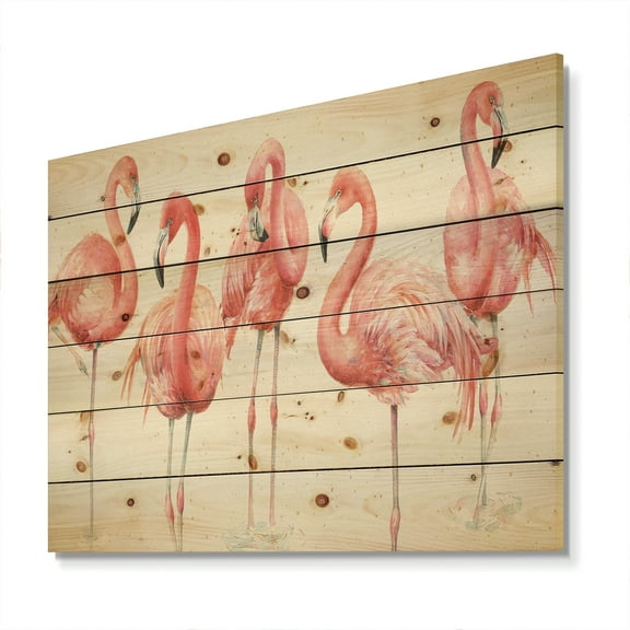 Designart 'Gracefully Pink Shabby flamingo' Farmhouse Print on Natural Pine Wood