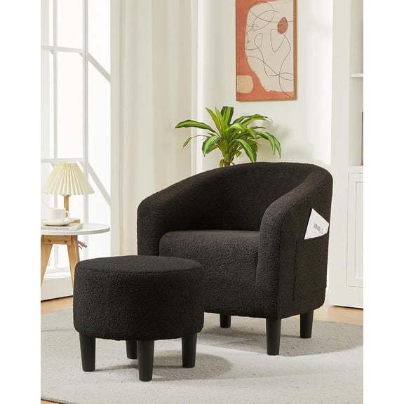 Accent Chair with Ottoman, Boucle Barrel Armchair, Modern Club Chair with Stool for Bedroom Reading Room, Stylish Corner Chair, Black