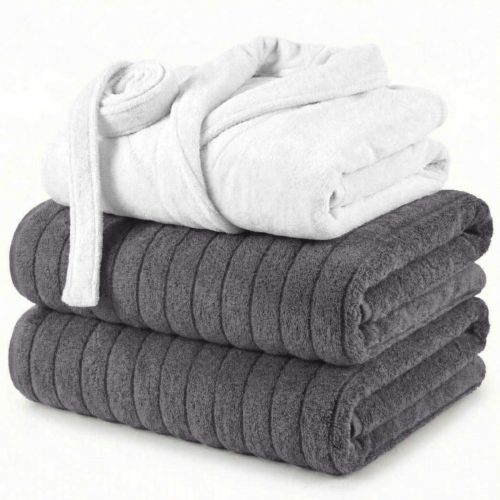 Elegant Comfort Men 3-Piece Spa Bath Set – Plush Bathrobe & 2 Ribbed Bath Towels, Thick Absorbent Hotel Quality Bathroom Essentials, Gray Bath Towel, White Robe ,Medium