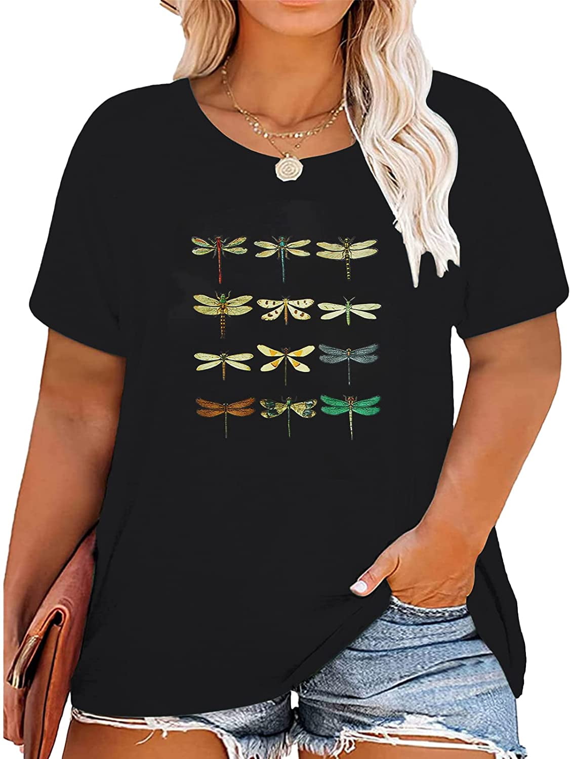 Anbech Women's Dragonfly Tee Shirts Plus Size Graphic Tshirts Flower ...