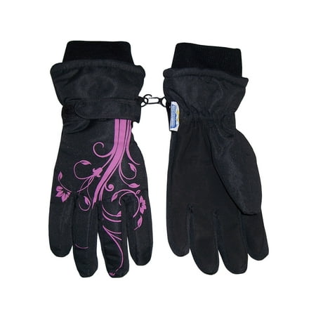 N Ice Caps Girls Kids Thinsulate Waterproof Winter Flower Print Snow Ski Black Gloves Female