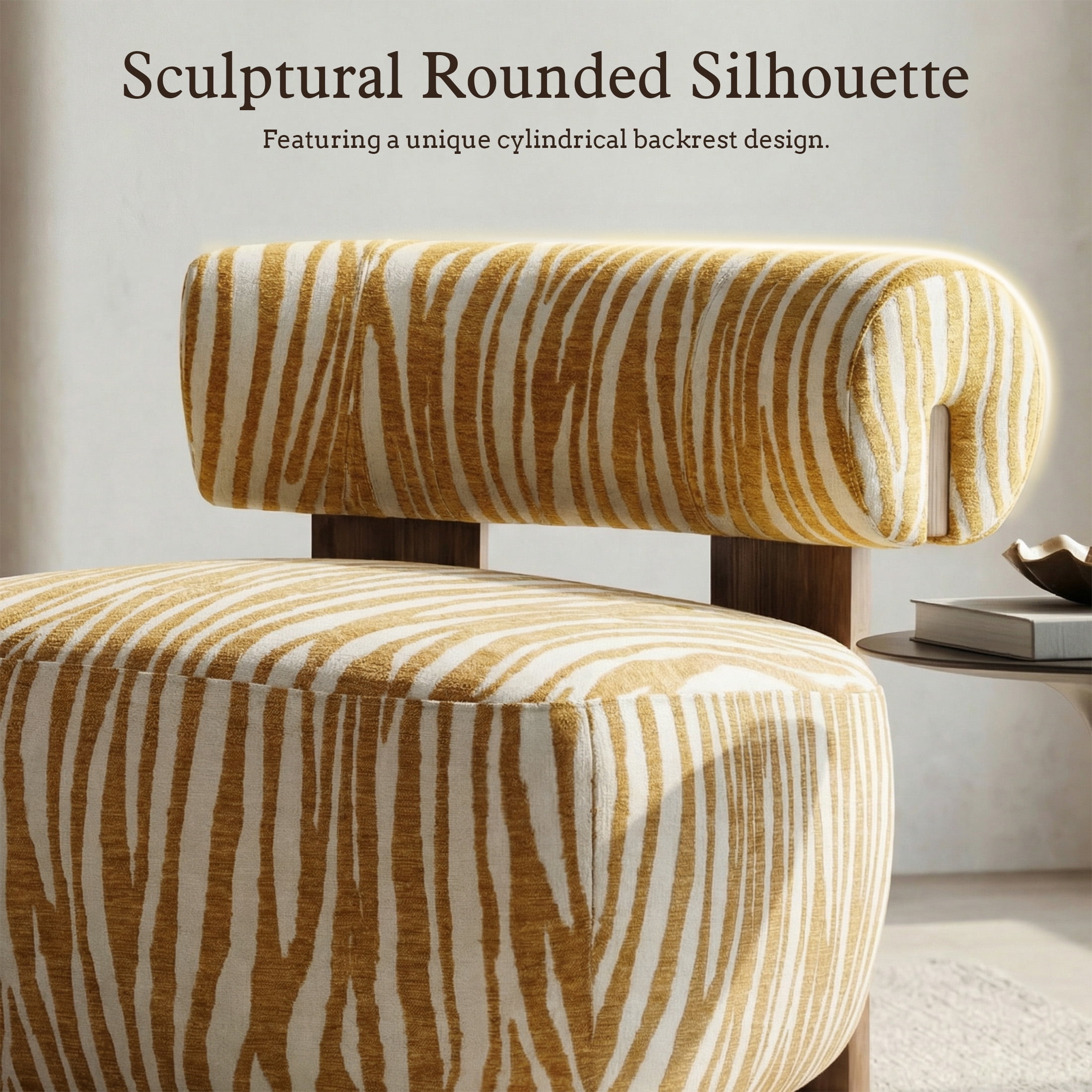 Aukfa Modern Chenille Accent Chair with Zebra-Stripe, Cylindrical Backrest for Living Room, Yellow