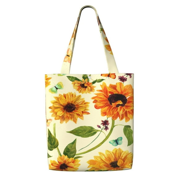 Women Canvas Tote Bag Lady Shoulder Shopping Bag Crossbody Bag Casual Handbag Shopping Work School Yellow Sunflowers Flower Butterflies