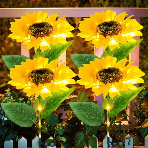4 Pack Solar Garden Lights, Solar Sunflower Lights Outdoor Waterproof with Auto On/Off, Solar Lights for Patio Lawn Outdoor Decor, Yellow