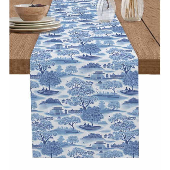 Blue Garden Table Runner 70 Inches, Modern Art Building Trees Boat Landscape Bed Runner Dresser Scarves Tabletop for Indoor Outdoor Parties/Ceremony/Banquet, 13" x 70"