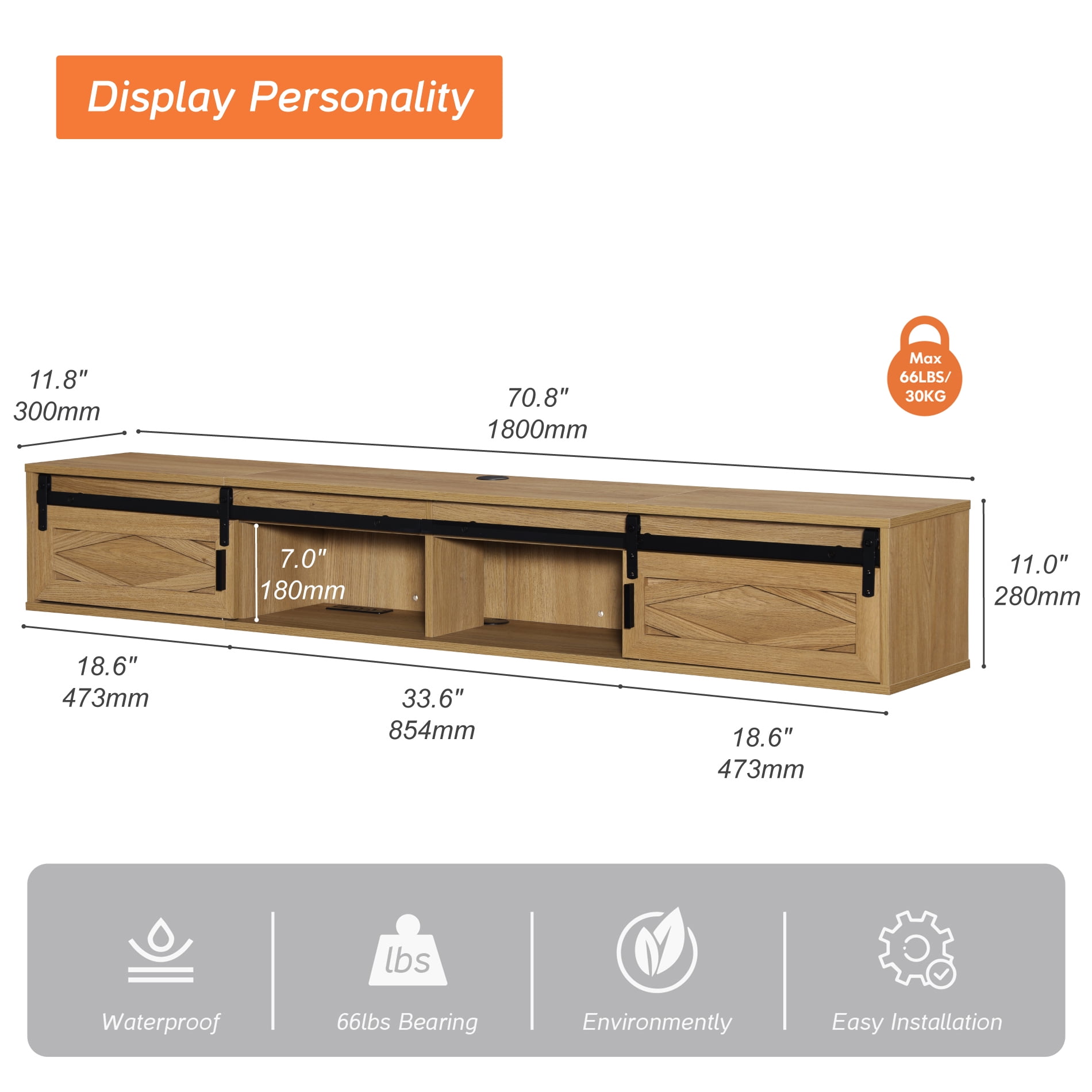 Sliding Barn Door Floating TV Stand with Charging Station，Beige