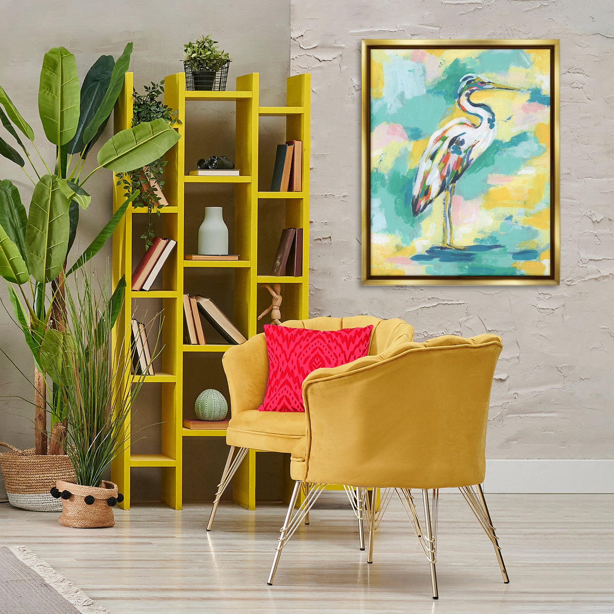 Stupell Industries Blue & Yellow Heron Bird Animals Painting Gold Floater Framed Canvas Art Print Wall Art, 25 x 31