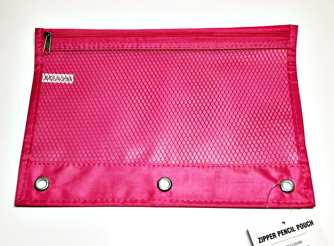 3 Ring Zipper Pencil Pouch with Mesh Window, Pink