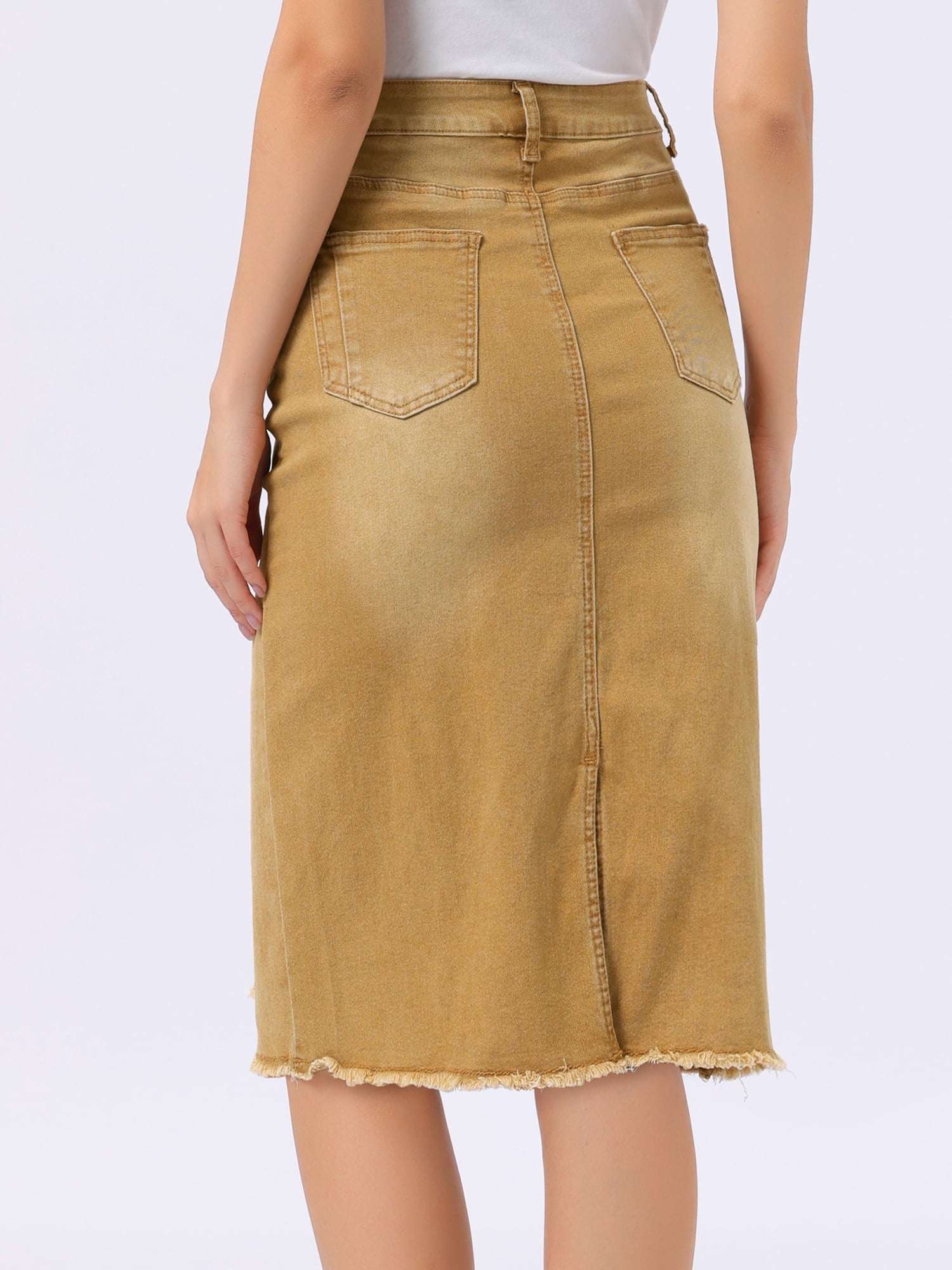 DARING DIVA Women's Back Slit Raw Hem Stretch High Waist Denim Skirt L Yellowish Brown