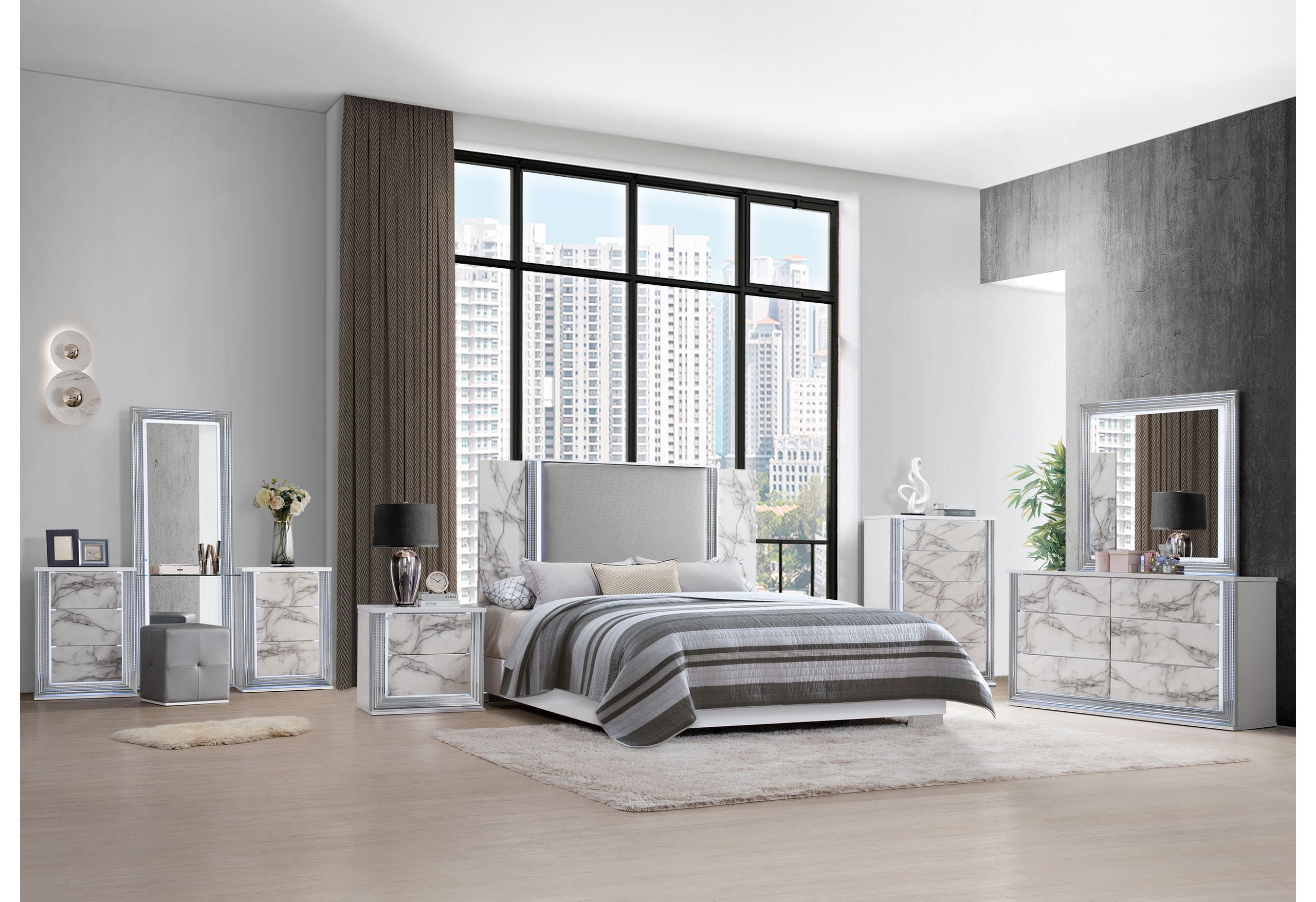 YLIME WHITE MARBLE KING BED FULLY SLATTED WITH LED