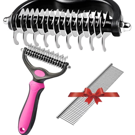 Pet Grooming Brush Deshedding Tool for Dogs Double-Sided Undercoat Rake for Dogs & Cats Removes Knots Tangles & Loose Hair