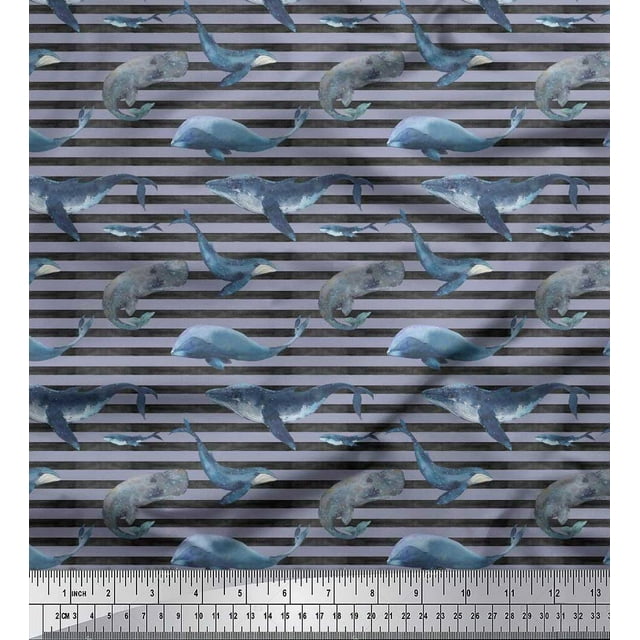 Soimoi Rayon Fabric Stripes & Whale Fish Ocean Printed Fabric 1 Yard 56 Inch Wide