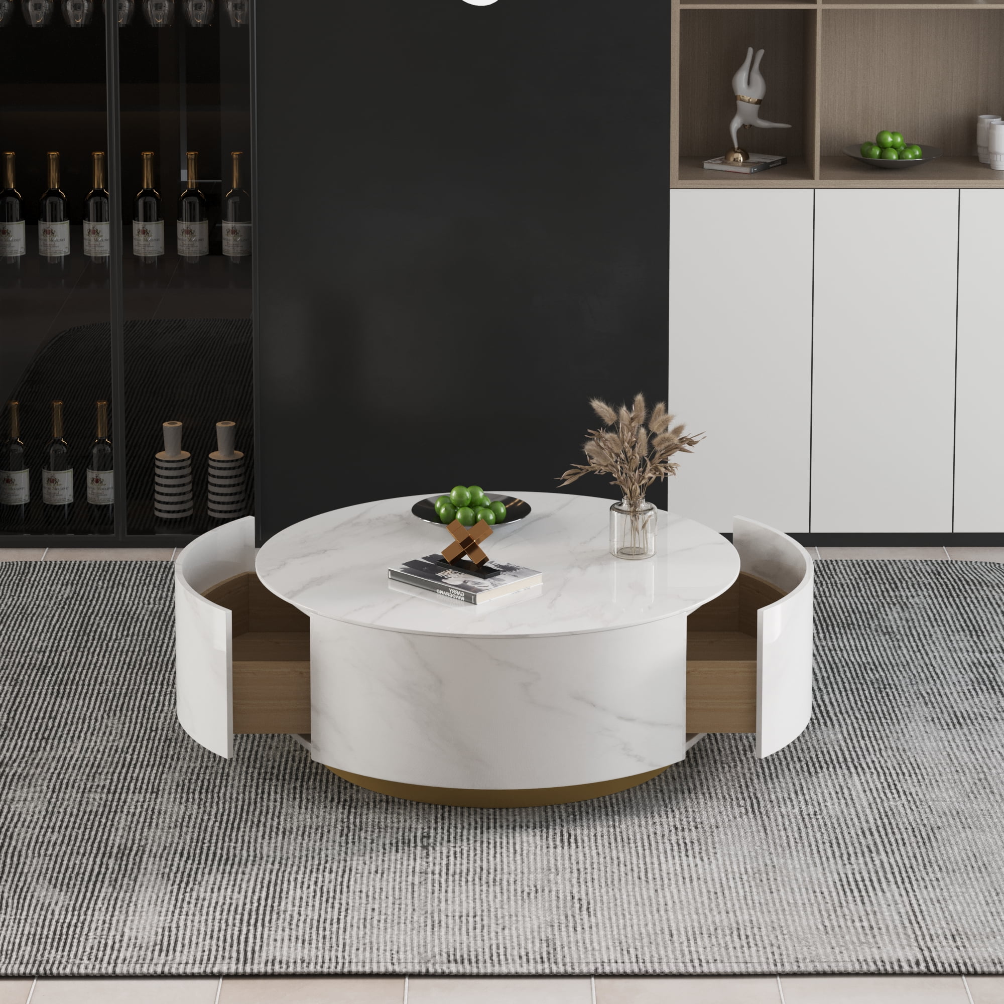 Magic Home Modern Round Coffee Table with Two Drawers,Circle Coffee Table Space-Saving Multiple Purpose for Living Room,dining room and home office,White