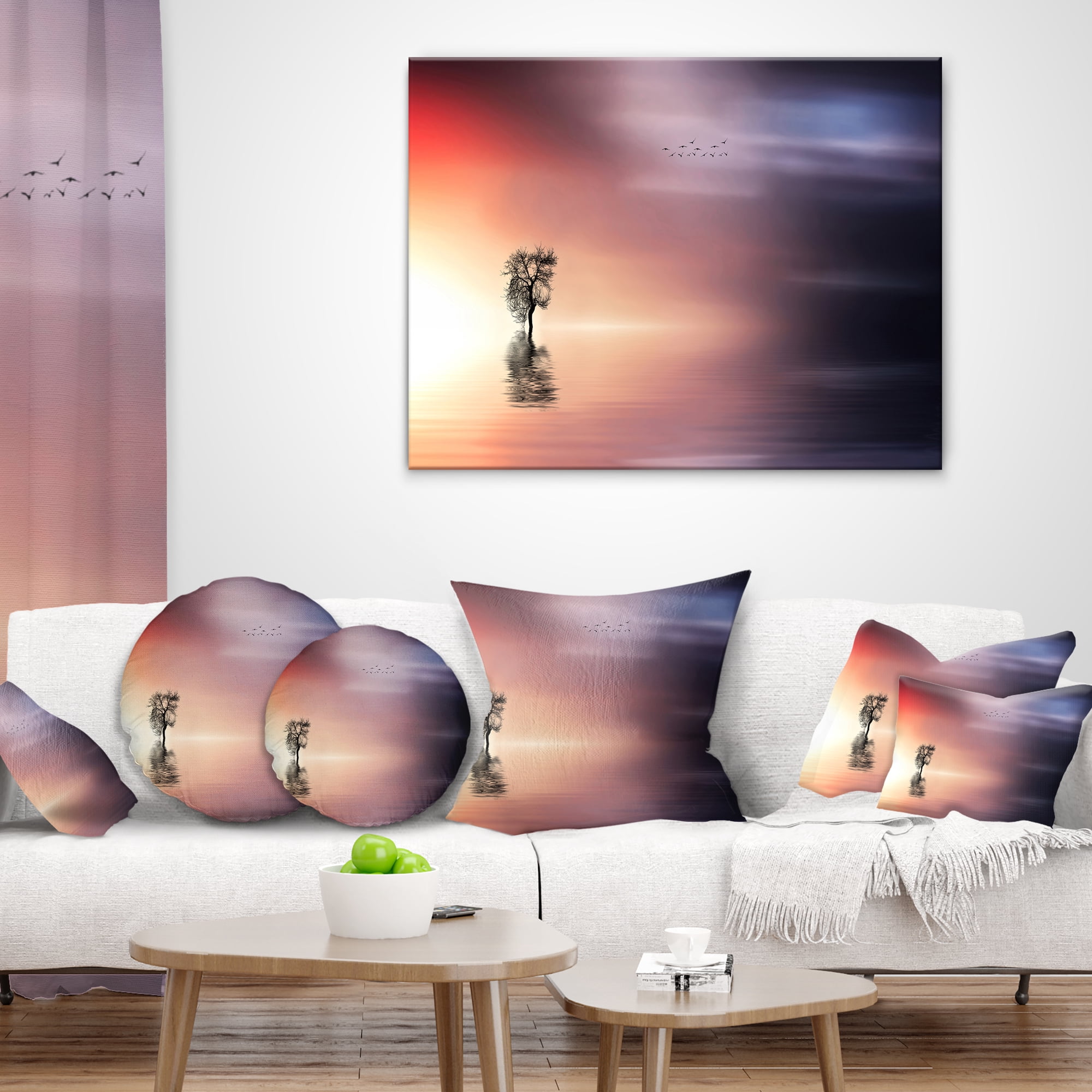Designart Lonely Tree and Birds Panorama - Landscape Printed Throw Pillow - 16x16