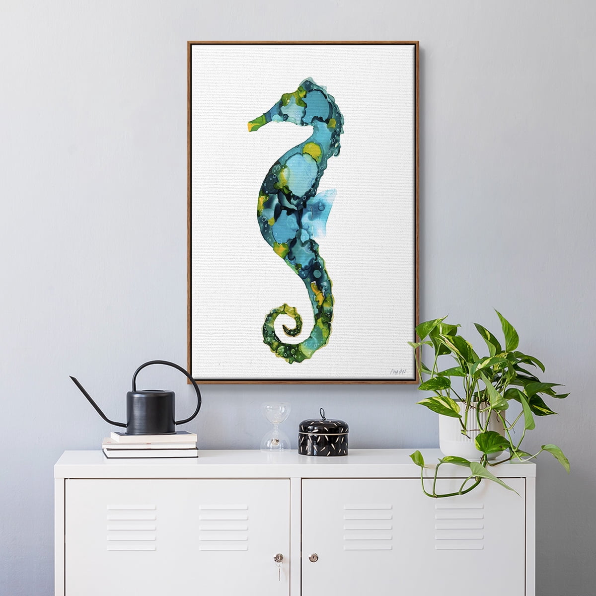 Seahorse Framed Premium Gallery Wrapped Canvas - Ready to Hang - 17 x 25 - Walnut Floating Frame