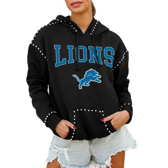 Women's Gameday Couture Black Detroit Lions Oversized Catch the Vibe Studded Pullover Hoodie